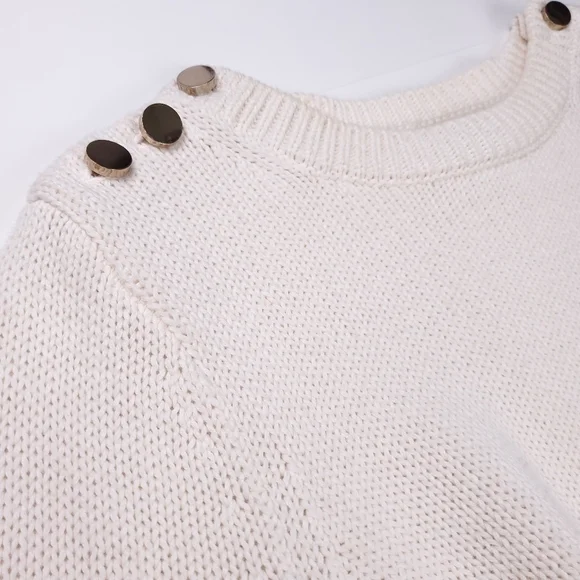 New Loft Cream Red Trim Gold Button Bell Sleeve Sweater Sz Xs - Picture 5 of 14
